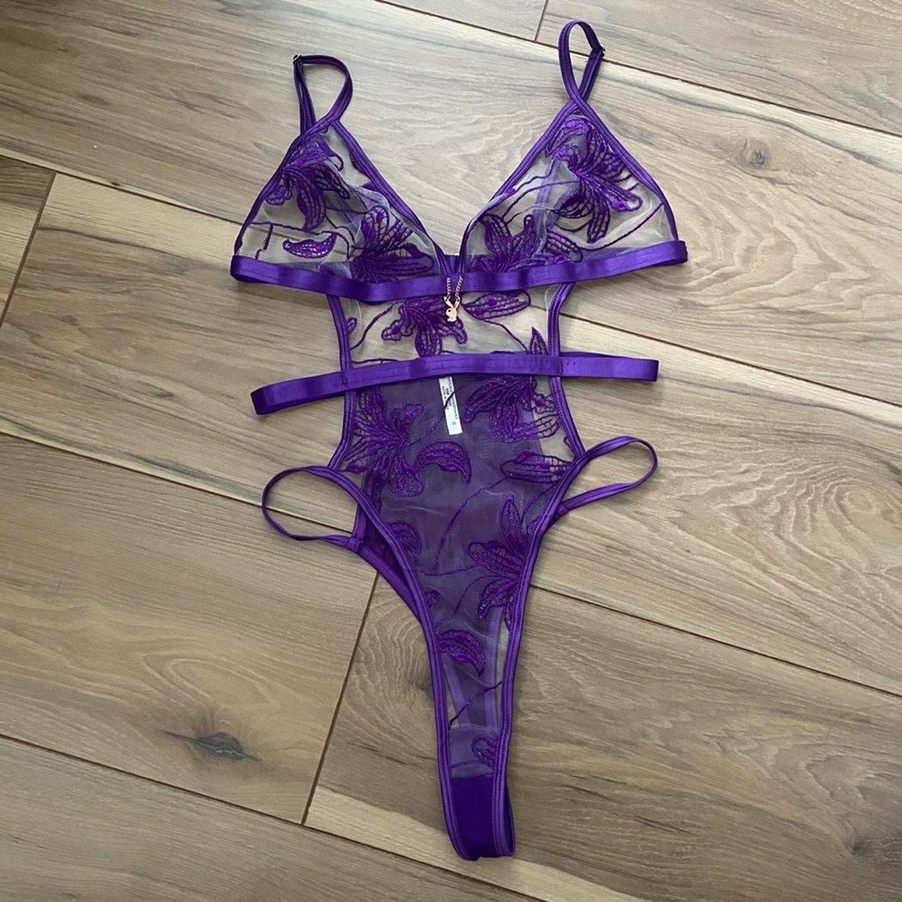 PLAYBOY Purple Sheer Lace Bodysuit